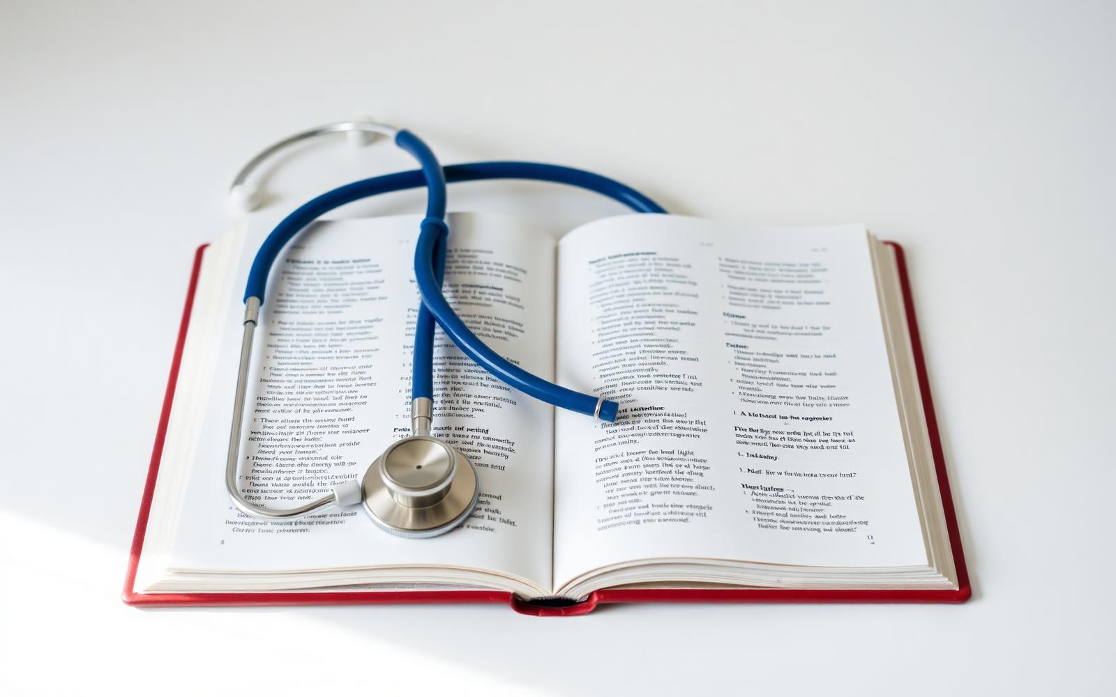 Open medical textbook with stethoscope